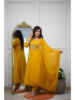 Gahan - Yellow Womens Embroidered Chanderi Anarkali Kurta with Pant & Dupatta
