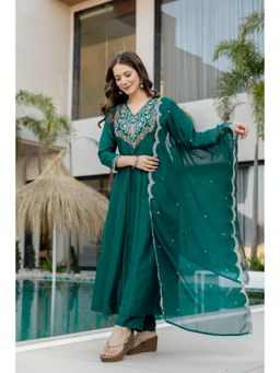 Gahan - Green Womens Chinon Embroidered Green Anarkali Kurta and Pant with Dupatta