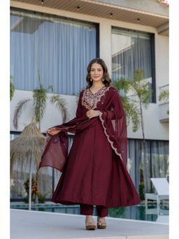 Gahan - Maroon Womens Chinon Embroidered Green Anarkali Kurta and Pant with Dupatta