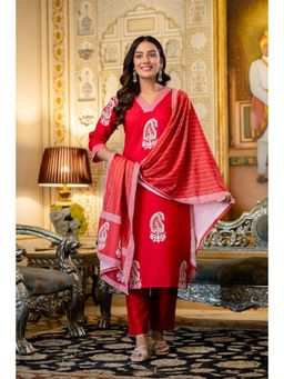 Gahan - Womens Red Printed Kurta with Pant & Dupatta