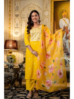 Gahan - Womens Yellow Embroidered Kurta with Pant & Dupatta