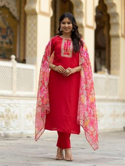 Gahan - Womens Red Embroidered Straight Chanderi Kurta and Pant with Dupatta