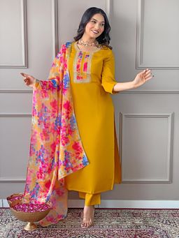 Gahan - Womens Yellow Embroidered Straight Chanderi Kurta and Pant with Dupatta