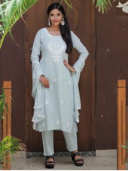 Gahan - Sky Blue Womens Cotton Blend Embroidered Straight Kurta with Pant & Dupatta