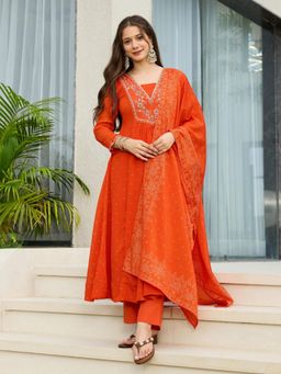 Gahan - Orange Womens Chinon Embroidered Anarkali Kurta with Pant & Dupatta