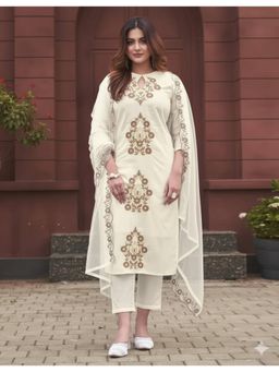 Gahan - White Womens Embroidered Chanderi Round Neck Kurta with Pant & Dupatta