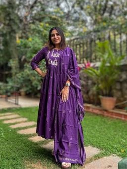 Gahan - Purple Floral Embroidered Anarkali Kurta with Pant & Dupatta