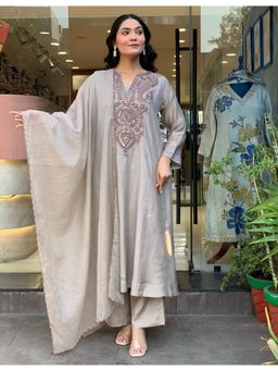 Gahan - Beige Embroidered Straight Anarkali Kurta with Pant & Dupatta