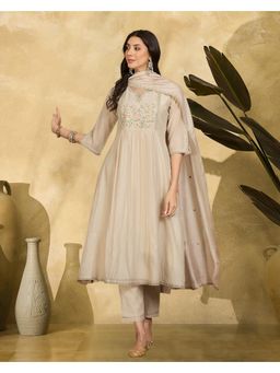 Gahan - Beige Zari Sequence Thread Embroidered Anarkali Kurta with Pant & Dupatta