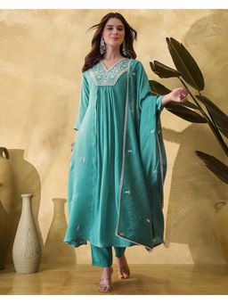 Gahan - Sky Blue Zari Sequence Embroidered Schffli Lace Anarkali Kurta with Pant & Dupatta