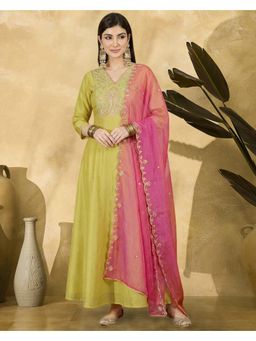 Gahan - Yellow Vichitra Zari Sequence Thread Embroidered Gown with Dupatta