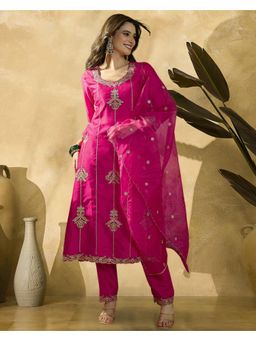 Gahan - Rani Pink Vichitra Zari Sequence Embroidered Kurta with Pant & Dupatta