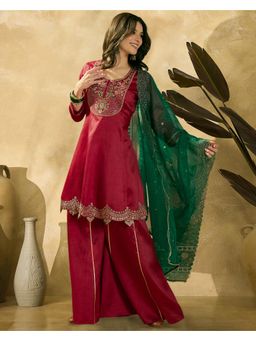 Gahan - Maroon Zari Sequence Thread Embroidered Kurta with Palazzo & Dupatta