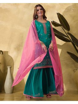 Gahan - Firoji Poly Chinon Zari Sequence Embroidered Kurta with Sharara & Dupatta