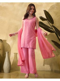 Gahan - Light Pink Thread Sequence Embroidered Kurti with Pant & Dupatta