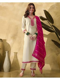 Gahan - Cream Rayon Zari Sequence Thread Embroidered Kurta with Pant & Dupatta