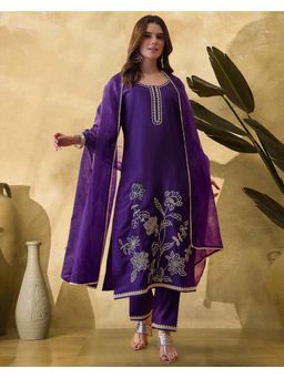 Gahan - Purple D Chinon Silk Blend Cording Embroidered Kurta with Pant & Dupatta