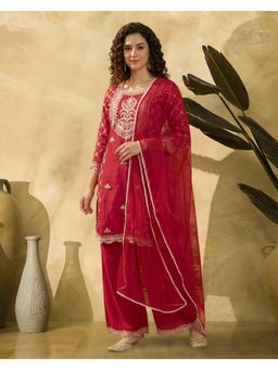 Gahan - Red DChinon Zari Sequence Thread Embroidery Foil Print Kurta with Palazzo & Dupatta