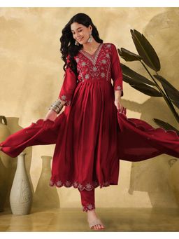 Gahan - Red Vichitra Zari Sequence Embroiderd A Line Kurta with Pant & Dupatta