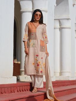 Gahan - Womens Beige Floral Viscose Embroidered Kurta with Pant & Dupatta