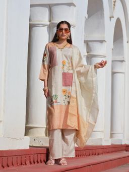 Gahan - Womens Peach Poly Linen Embroidered Straight Kurta with Pant & Dupatta