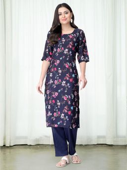 Gahan - Womens Navy Blue Floral Printed Kurta with Straight Pant