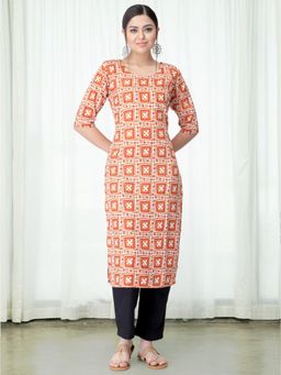 Gahan - Womens Orange Printed Kurta with Straight Pant