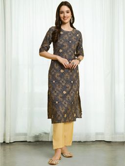 Gahan - Womens Navy Blue Floral Printed Kurta with Straight Pant