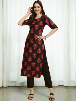 Gahan - Womens Black Floral Printed Kurta with Straight Pant