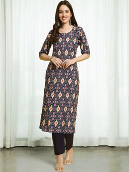 Gahan - Womens Navy Blue Printed Kurta with Straight Pant