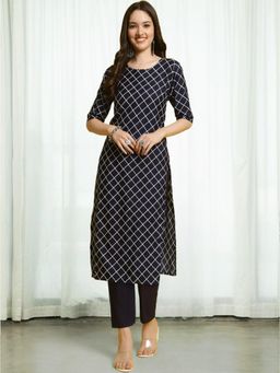 Gahan - Womens Navy Blue Checks Printed Kurta with Straight Pant