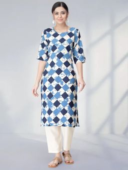 Gahan - Womens Blue Festive & Ethnic Casual Checks Printed Kurta with Pant