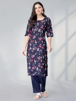 Gahan - Womens Navy Blue Festive & Ethnic Floral Printed Kurta with Pant