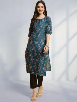 Gahan - Womens Teal Festive & Floral Printed Kurta with Pant
