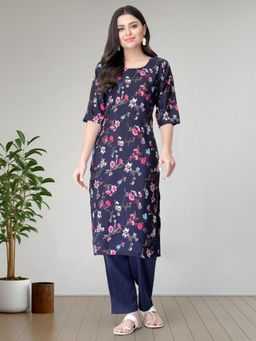 Gahan - Womens Navy Blue Festive & Floral Printed Kurta with Pant