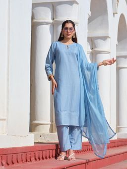 Gahan - Womens Blue Tonal Panel Heavy Embroidery Kurta with Pant & Dupatta