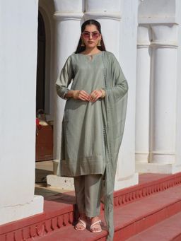 Gahan - Womens Grey Tonal Panel Heavy Embroidery Kurta with Pant & Dupatta