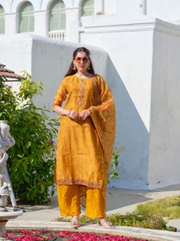 Gahan - Womens Mustard Floral Digital Katha Work Hand Embroidery Kurta with Pant & Dupatta