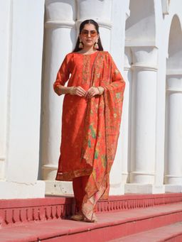Gahan - Womens Orange Floral Digital Katha Work Hand Embroidery Kurta with Pant & Dupatta