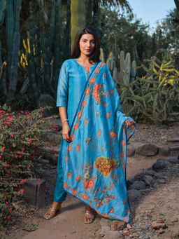 Gahan - Womens Blue Floral Printed Handwork Embroidery Kurta with Pant & Dupatta