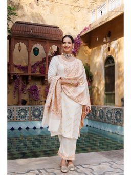 Kidar - Women White Jacquard Woven Design Kurta with Pant & Dupatta (Set of 3)