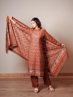 Kidar - Women Brown Jacquard Printed Full Sleeve Kurta with Pant & Dupatta (Set of 3)