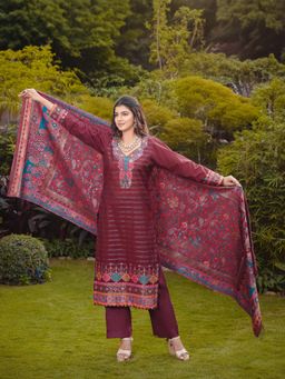 Kidar - Women Maroon Jacquard Printed V-Neck Kurta with Pant & Dupatta (Set of 3)