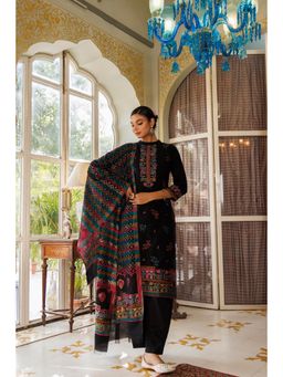 Kidar - Women Black Jacquard Floral Print Kurta with Pant & Dupatta (Set of 3)
