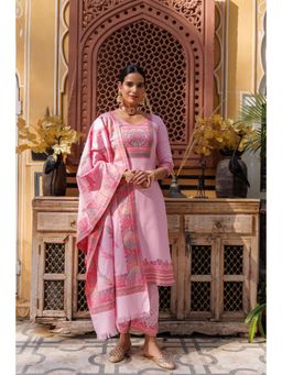 Kidar - Women Pink Jacquard Woven Design Kurta with Pant & Dupatta (Set of 3)