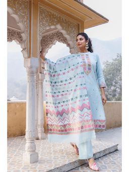 Kidar - Women Blue Jacquard Woven Design Kurta with Pant & Dupatta (Set of 3)