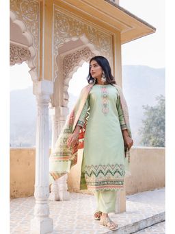 Kidar - Women Green Jacquard Floral Print Kurta with Pant & Dupatta (Set of 3)