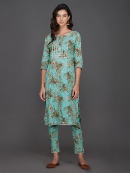 Fabnest - Women Turquoise Cotton Floral Printed Straight Kurta And Pant (Set Of 2)
