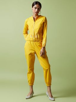 Okhai - Yellow Sunday Hand Embroidered Pure Cotton Bomber Jacket Pant (Set of 2)