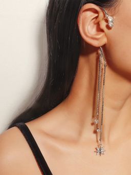 Yellow Chimes - Silver-Plated Crystal Studded Ear Shape Hanging Chain Ear Cuff